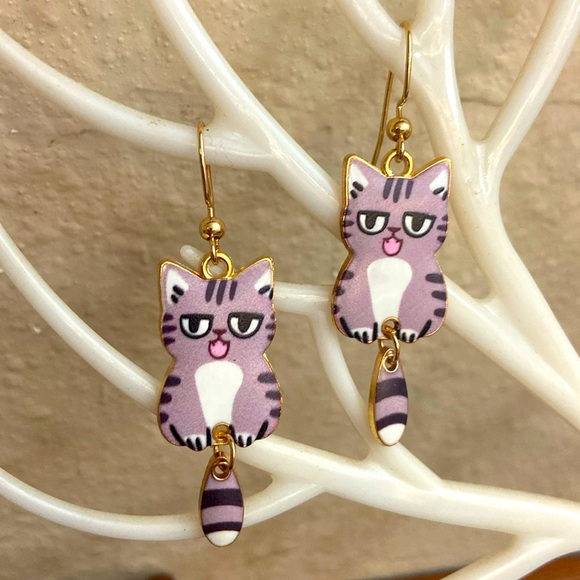 Alyce Rancour Jewelry - ARTICULATED CAT DANGLING EARRINGS By Alyce Rancour